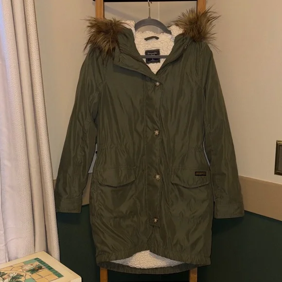 Abercrombie & Fitch Military Parka Jacket Olive Green Faux Fur Womens M Sherpa - Picture 2 of 5